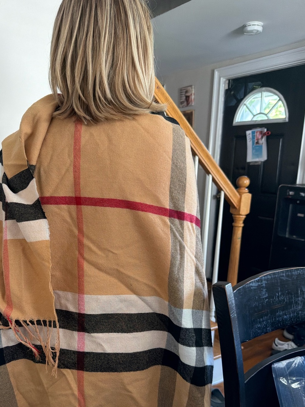 Source Unknown Tan Plaid Fringe Shawl with Black & Red Accents